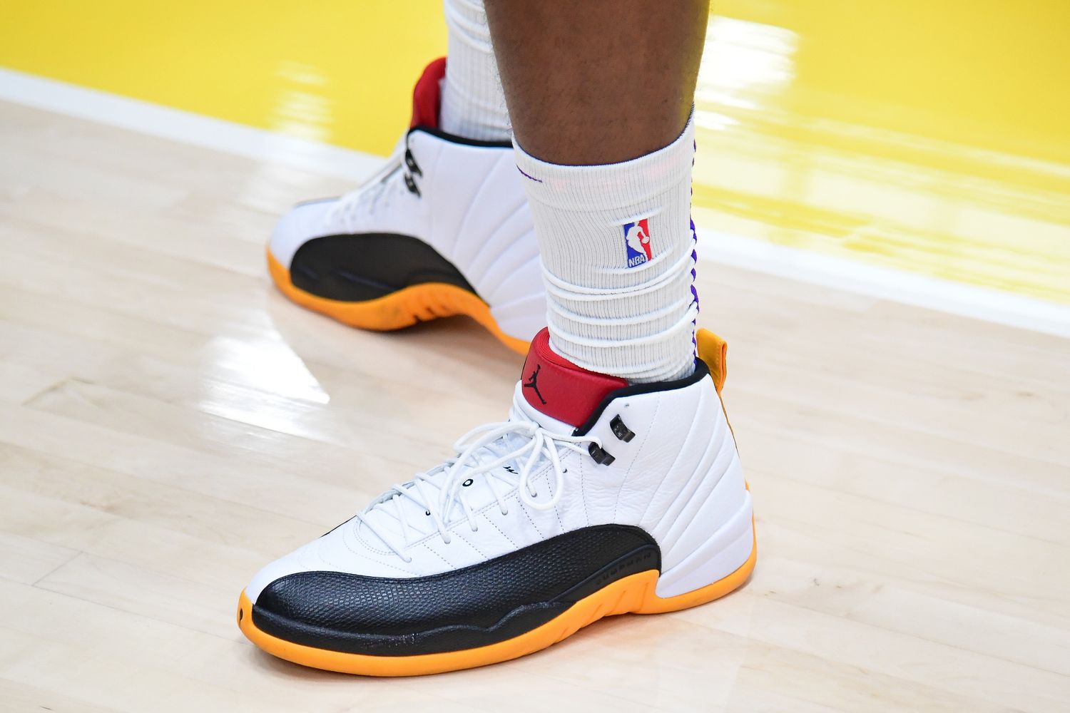 Los Angeles Lakers forward Rui Hachimura's white and black Air Jordan sneakers.